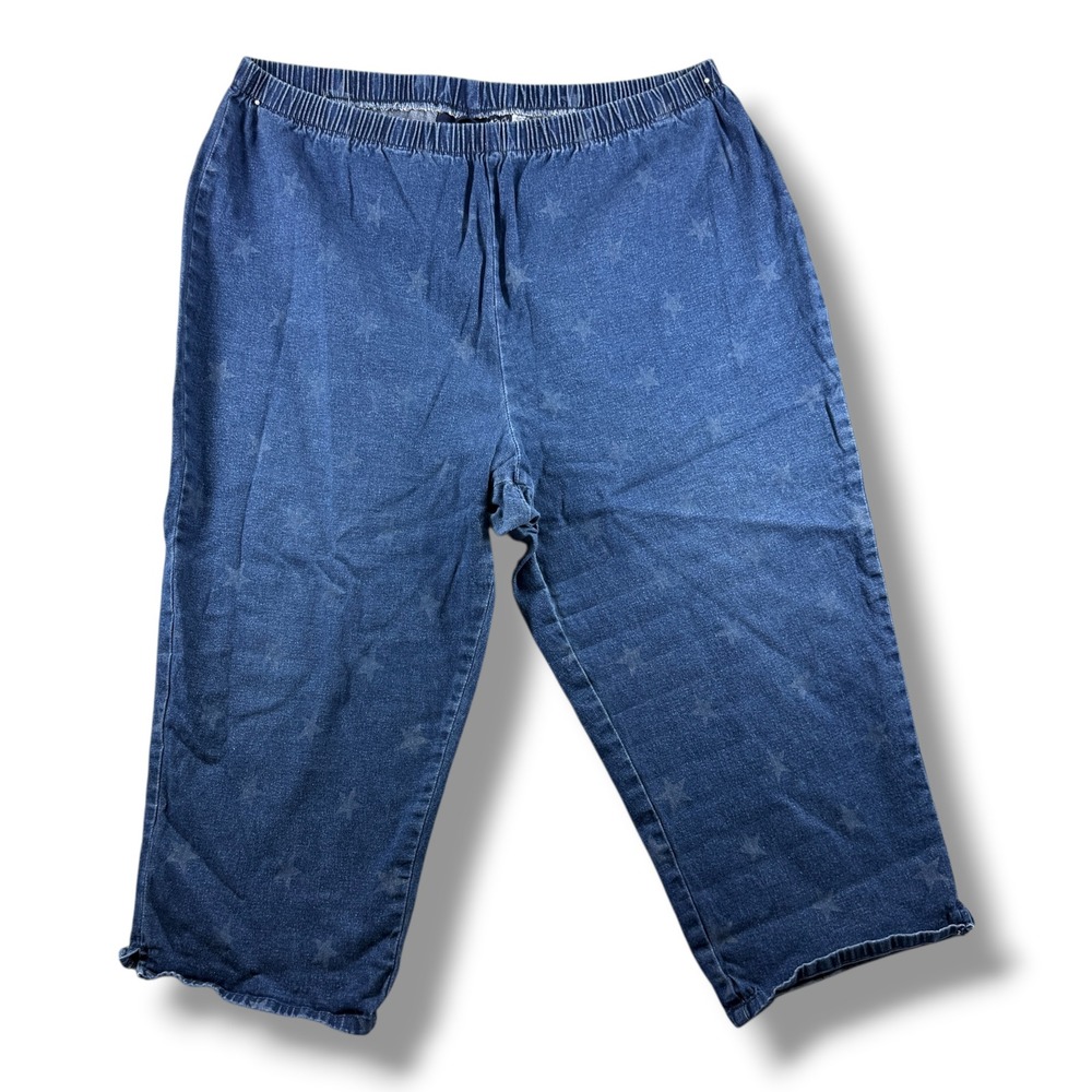Denim 24/7 Womens 22W Star Print Cropped Jeans Blue Elastic Waist Capris 49-0892